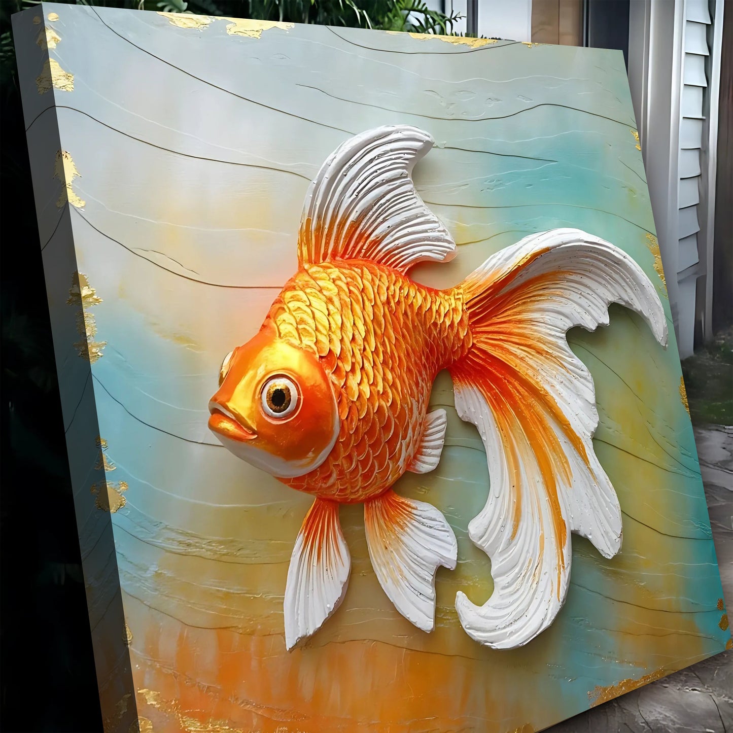 3D Goldfish Canvas Wall Art, orange textured fish on pastel canvas with gold leaf accents on Tampa Home & Garden Store