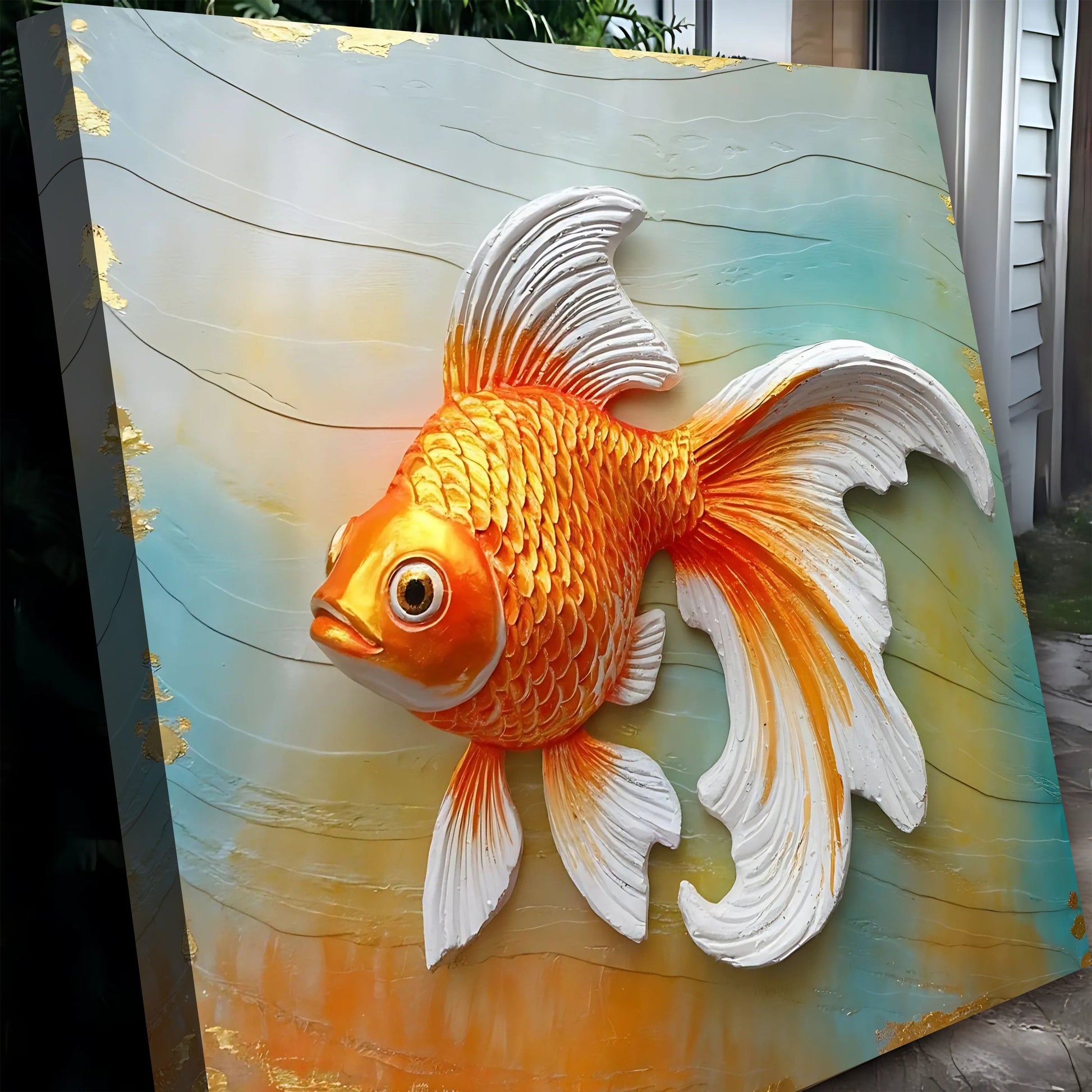 3D Goldfish Canvas Wall Art, orange textured fish on pastel canvas with gold leaf accents on Tampa Home & Garden Store