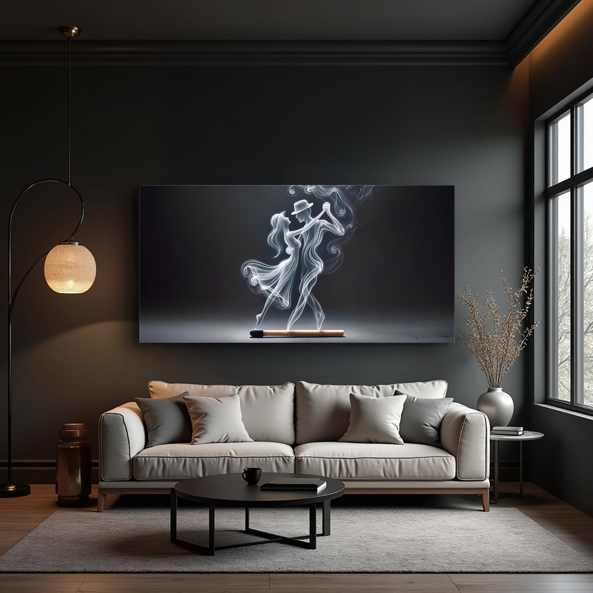 Modern Abstract Couple Dance Canvas by Tailored Canvases with smoky figures on dark backdrop on Tampa Home & Garden Store