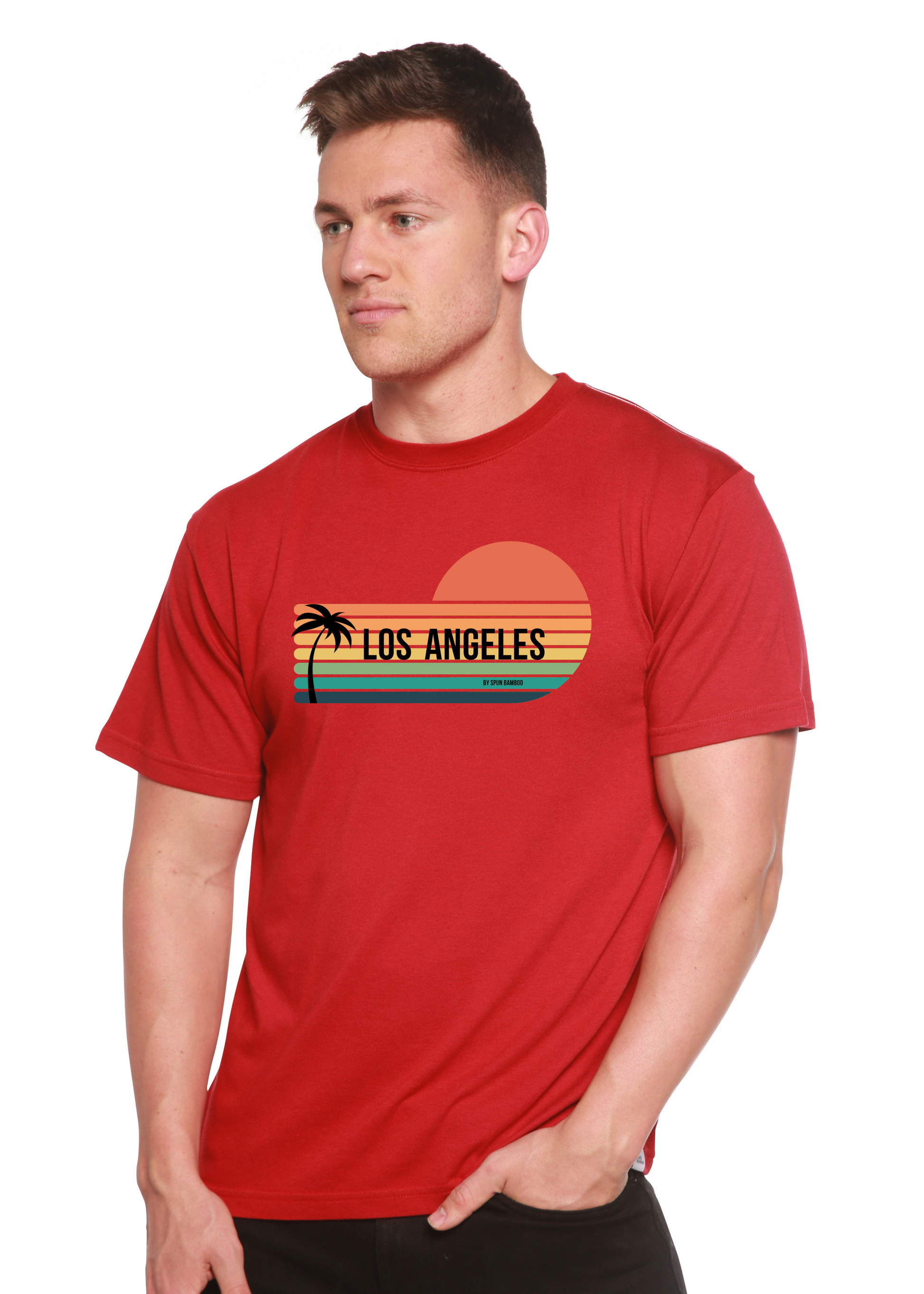 Los Angeles Spun Bamboo unisex red graphic T-shirt with retro sunset palm design on Tampa Home & Garden Store