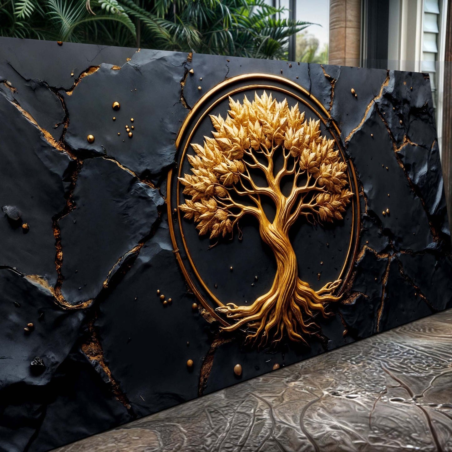 Golden Grove Wall Art canvas with gold tree relief on dark slate backdrop Tailored Canvases on Tampa Home & Garden Store