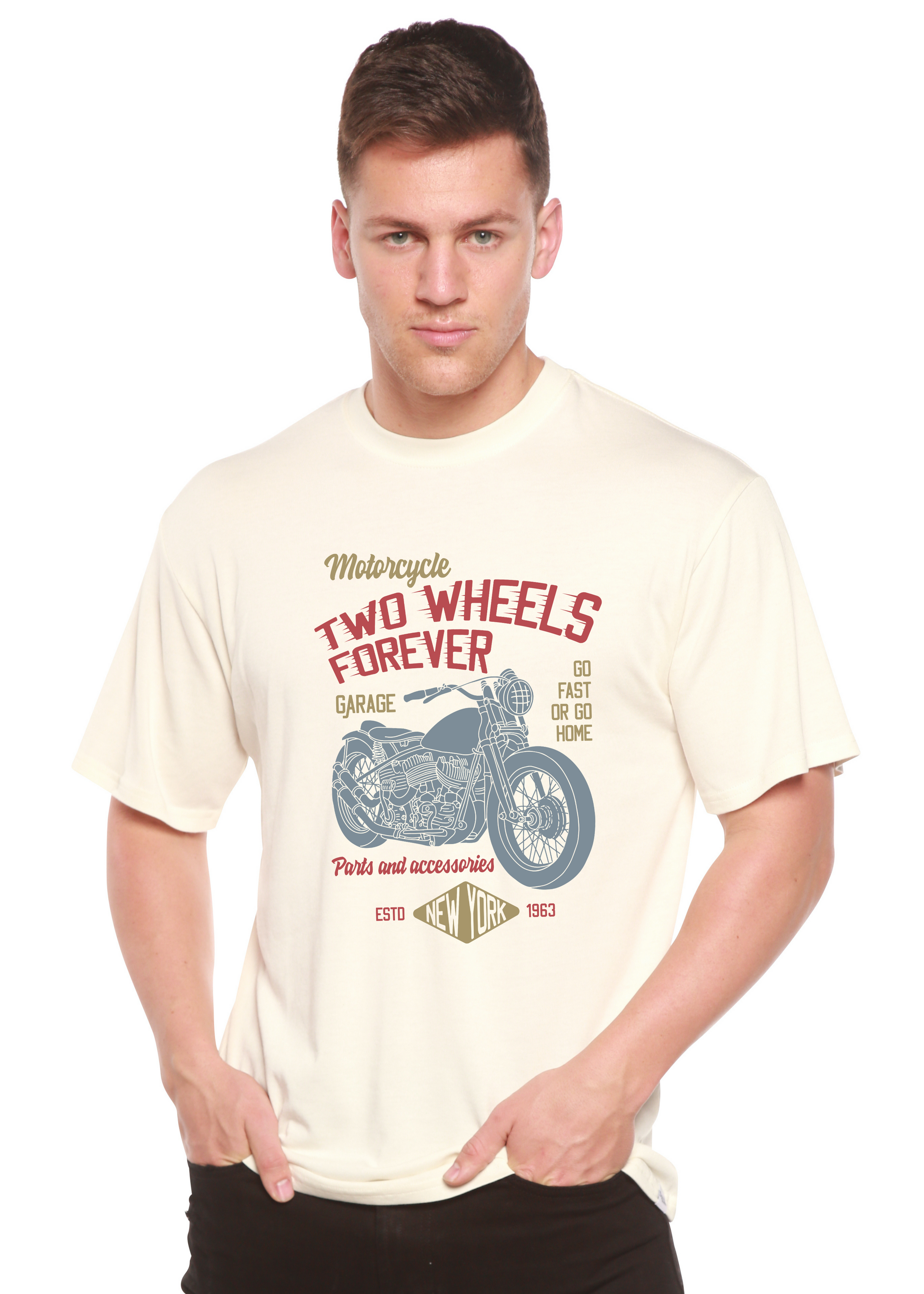 Mens cream bamboo viscose/organic cotton graphic tee with red Two Wheels Forever print on Tampa Home & Garden Store
