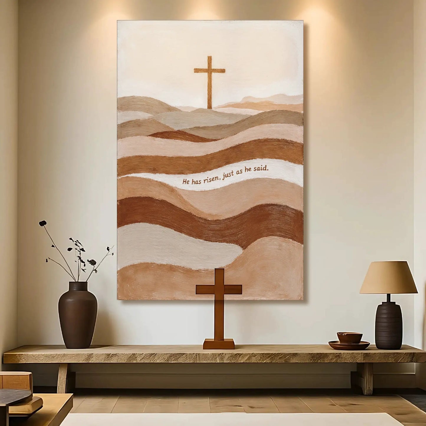 Canvas faith sign He Has Risen Just As He Said with brown cross and earthy hills Tailored Canvases on Tampa Home & Garden Store
