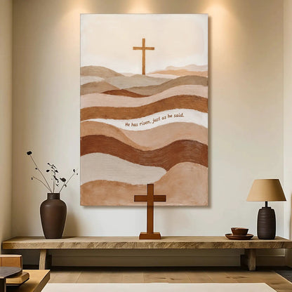 Canvas faith sign He Has Risen Just As He Said with brown cross and earthy hills Tailored Canvases on Tampa Home & Garden Store