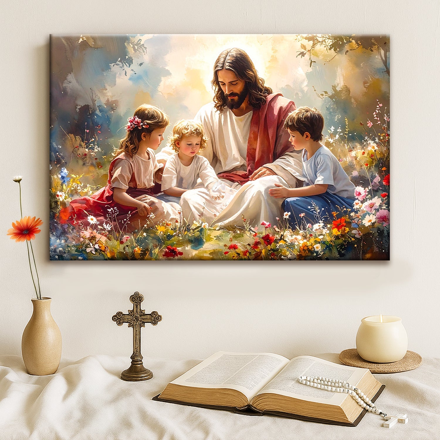 Canvas wall art Jesus With Children Wall Art II featuring Jesus with children among flowers on Tampa Home & Garden Store