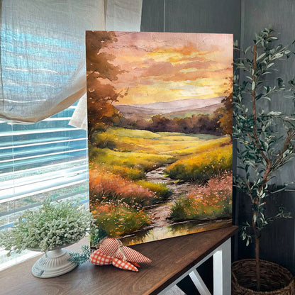 Misty River Wall Art crafting canvas by Tailored Canvases, sunset landscape over rolling fields on Tampa Home & Garden Store