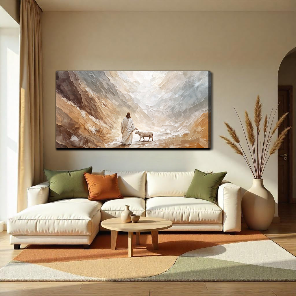 Shepherd’s Path Faith Wall Art canvas by Tailored Canvases robed figure and sheep in desert canyon above sofa on Tampa Home & Garden Store