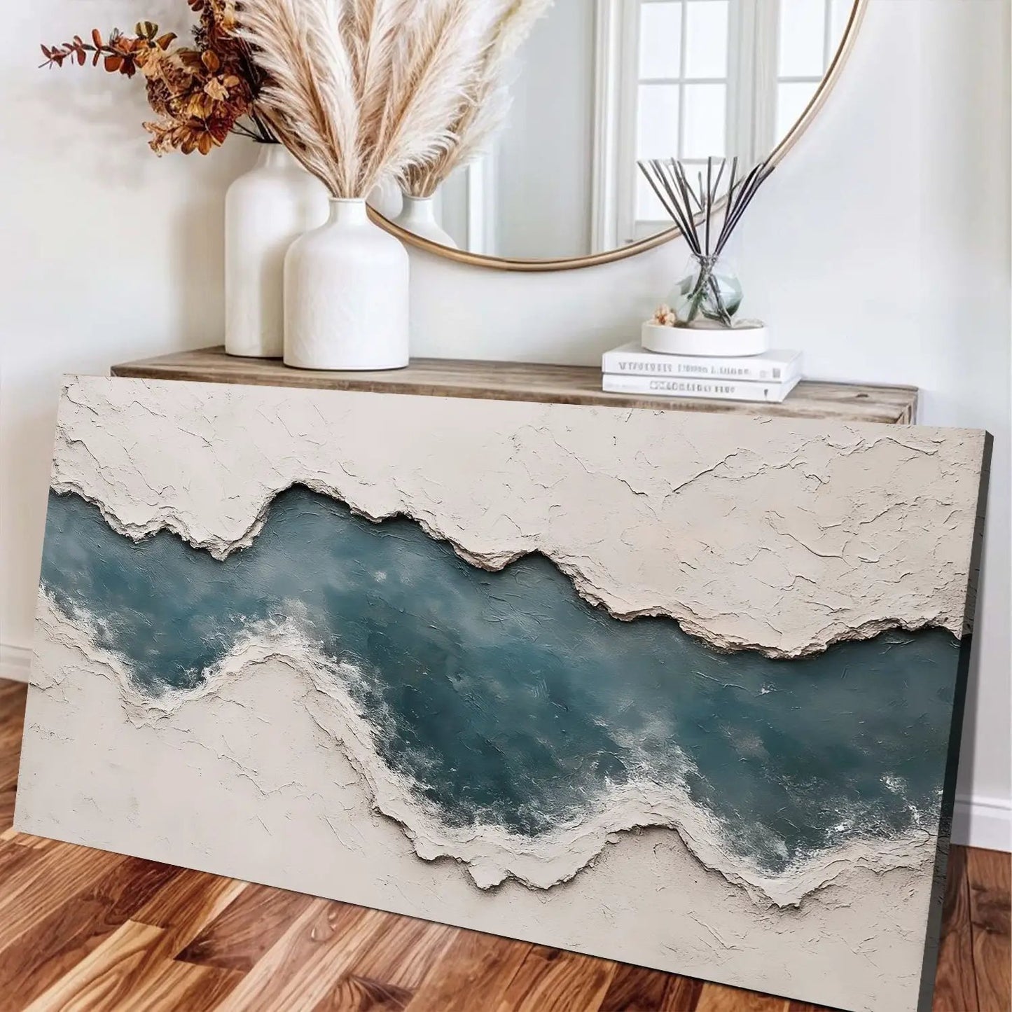 Minimalist Wall Art XII canvas by Tailored Canvases; beige textured top with teal waves on Tampa Home & Garden Store