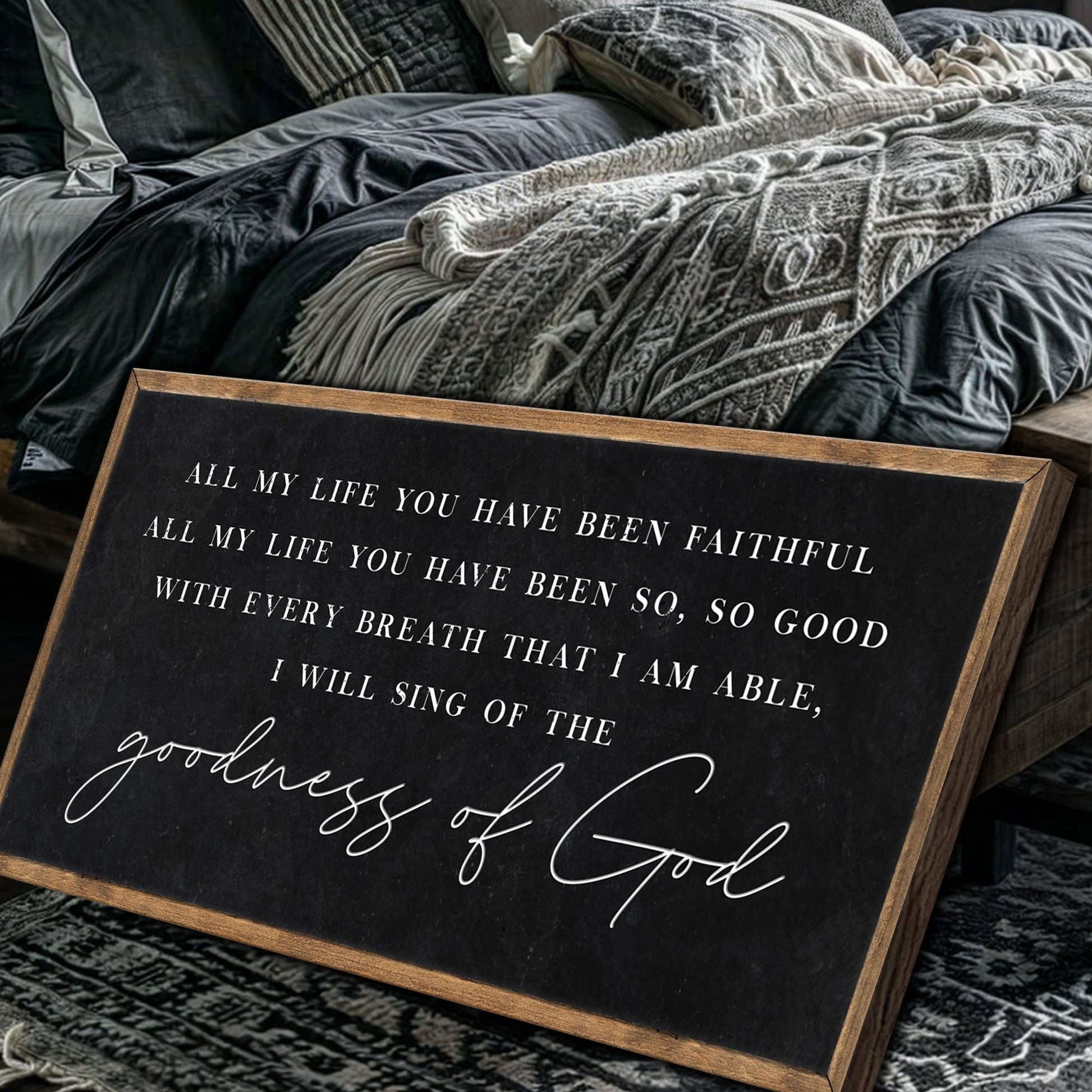 Goodness Of God Faith Sign canvas by Tailored Canvases, black with white serif text in a frame on Tampa Home & Garden Store