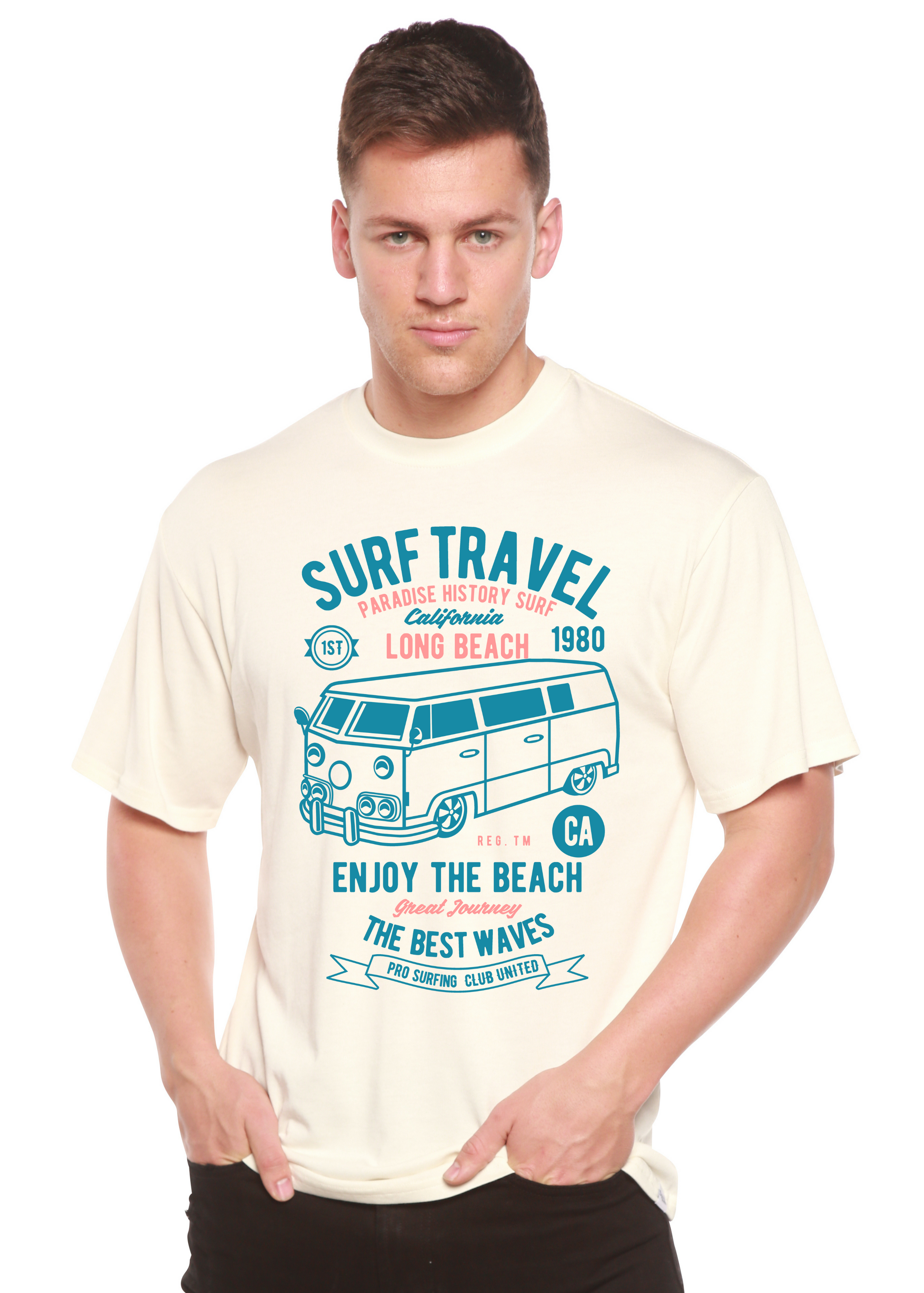 Surf Travel Spun Bamboo men's short sleeve graphic tee cream with teal van print on Tampa Home & Garden Store