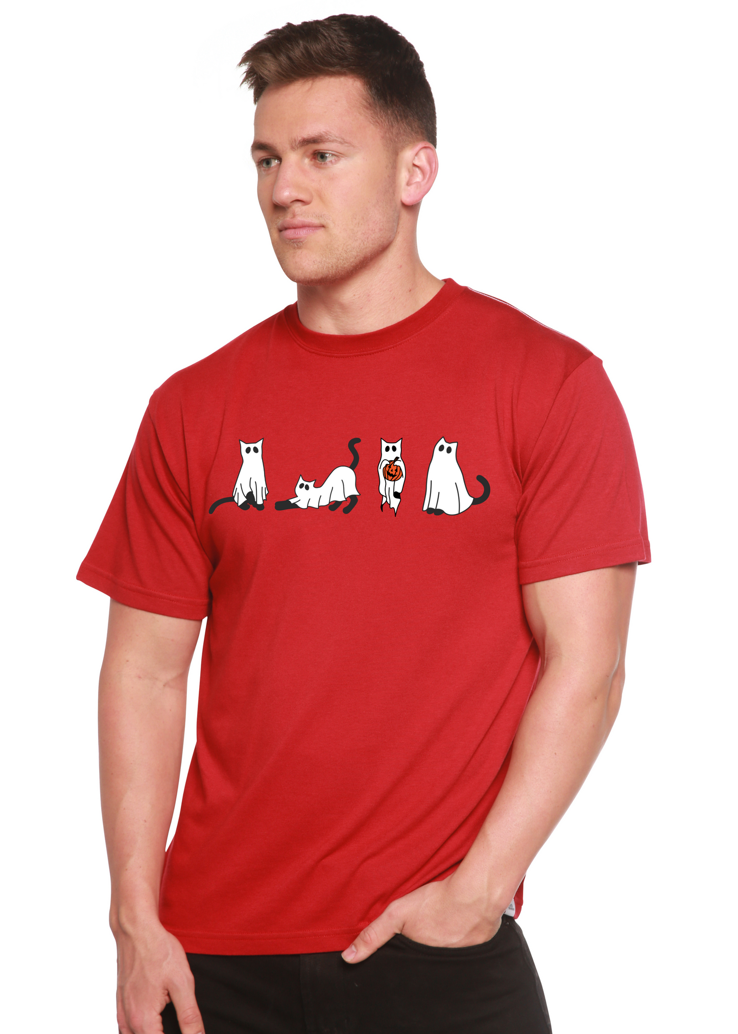 Red Halloween Cats men's bamboo viscose tee with white cats and pumpkin on Tampa Home & Garden Store