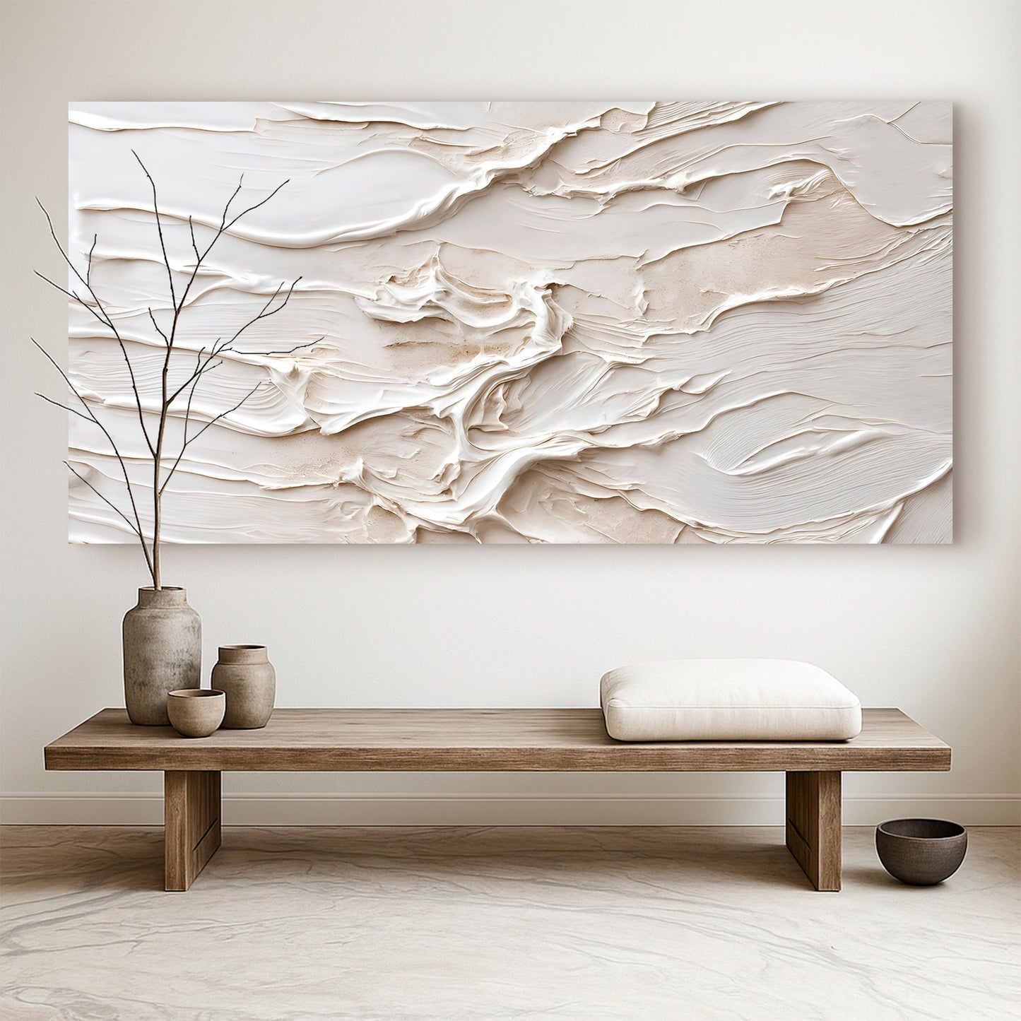 Minimalist Wall Art IX canvas with ivory tones, mounted above a console with vases and branches on Tampa Home & Garden Store