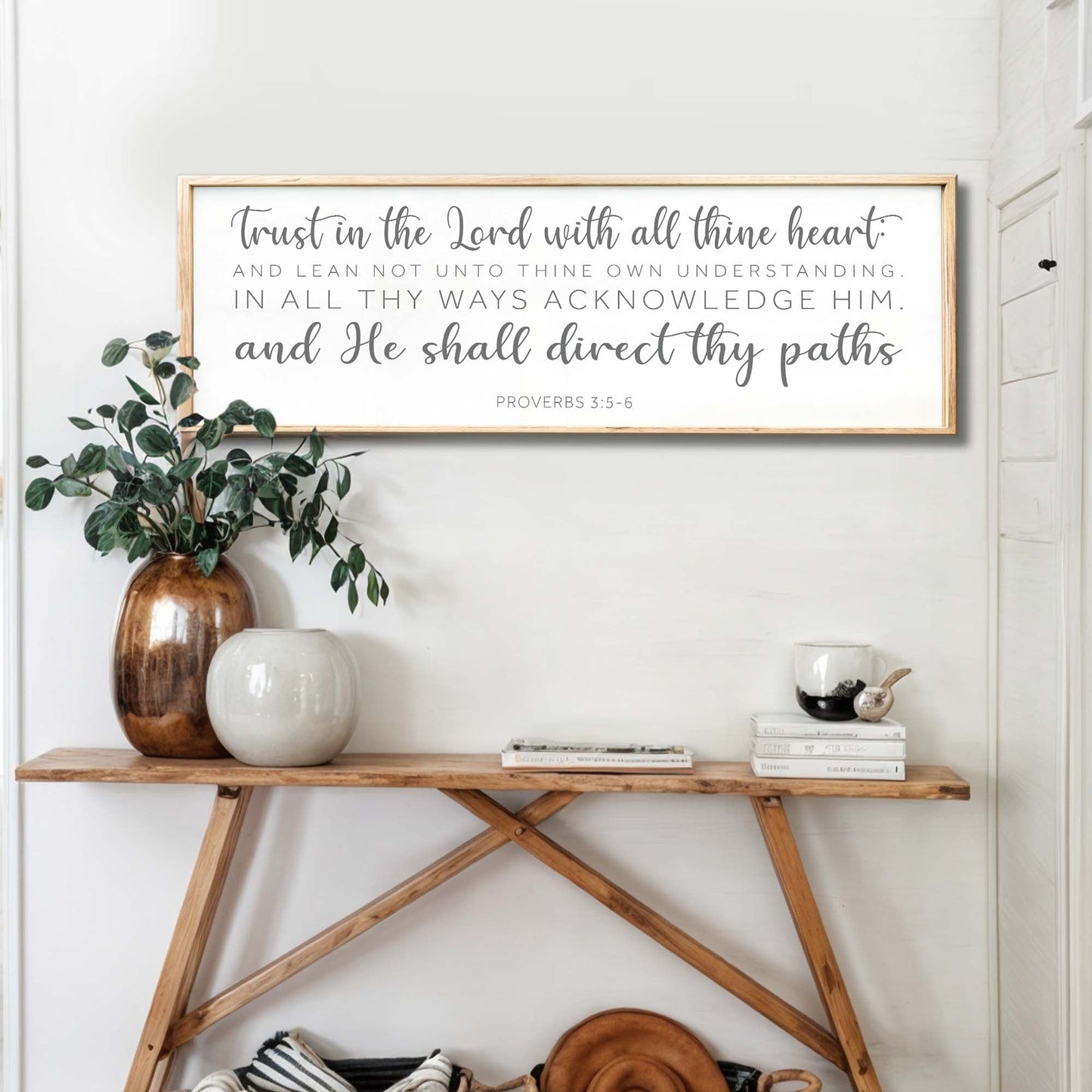 Proverbs 3:5-6 Faith Wall Sign canvas with a light wooden frame by Tailored Canvases on Tampa Home & Garden Store
