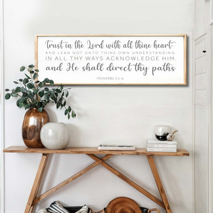 Proverbs 3:5-6 Faith Wall Sign canvas with a light wooden frame by Tailored Canvases on Tampa Home & Garden Store