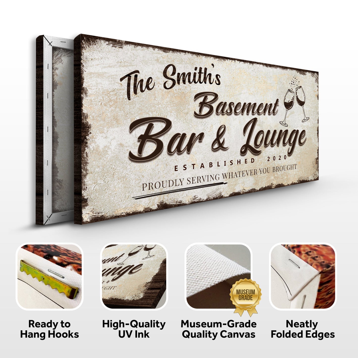 Basement Bar And Lounge Sign II canvas beige texture brown script The Smiths wine glasses on Tampa Home & Garden Store