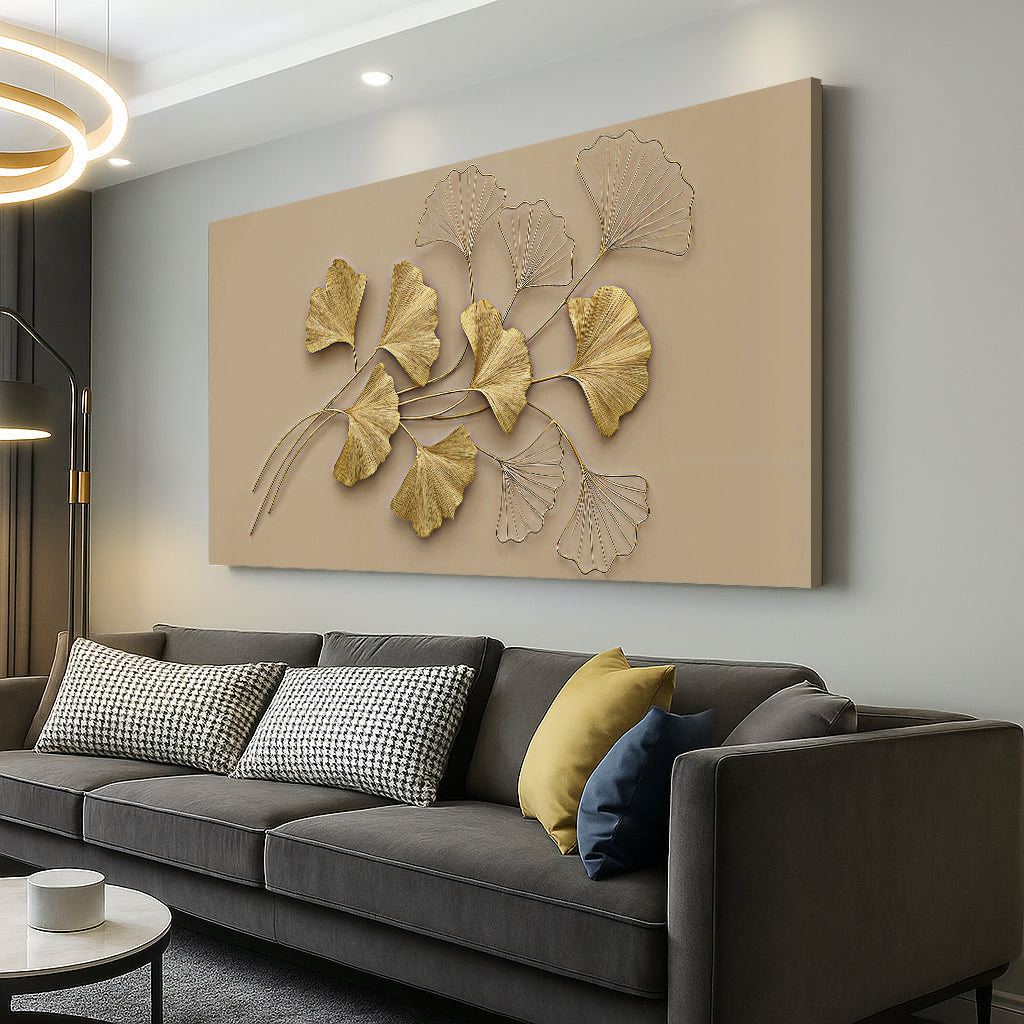 Golden Botanical Wall Art canvas by Tailored Canvases, beige canvas with metallic gold leaves on Tampa Home & Garden Store