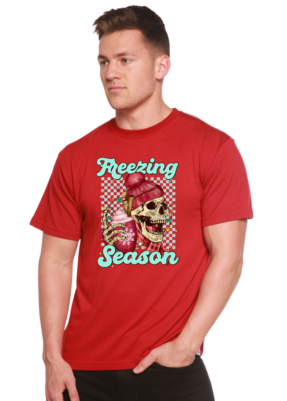 Freezing Season unisex graphic T-shirt in red made from bamboo viscose/organic cotton with skull ice cream print on Tampa Home & Garden Store