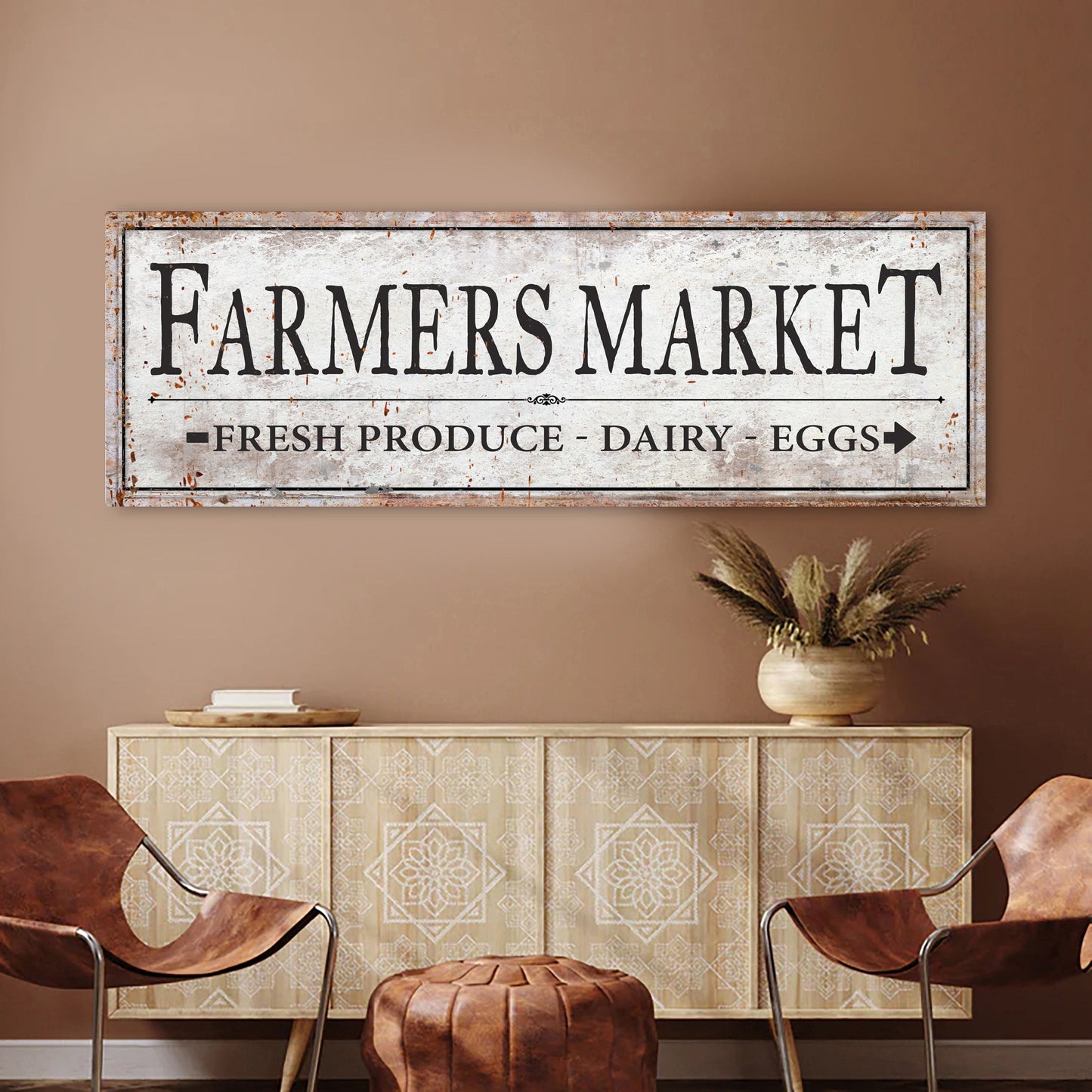 Farmers Market Sign III canvas with white panel and black lettering on rustic frame on Tampa Home & Garden Store