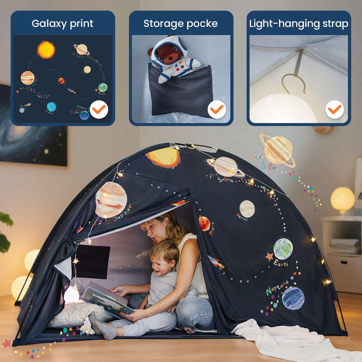 Tiny Land Versatile Kids Bed Tent & Play Tent navy galaxy print with planets, kids inside on Tampa Home & Garden Store