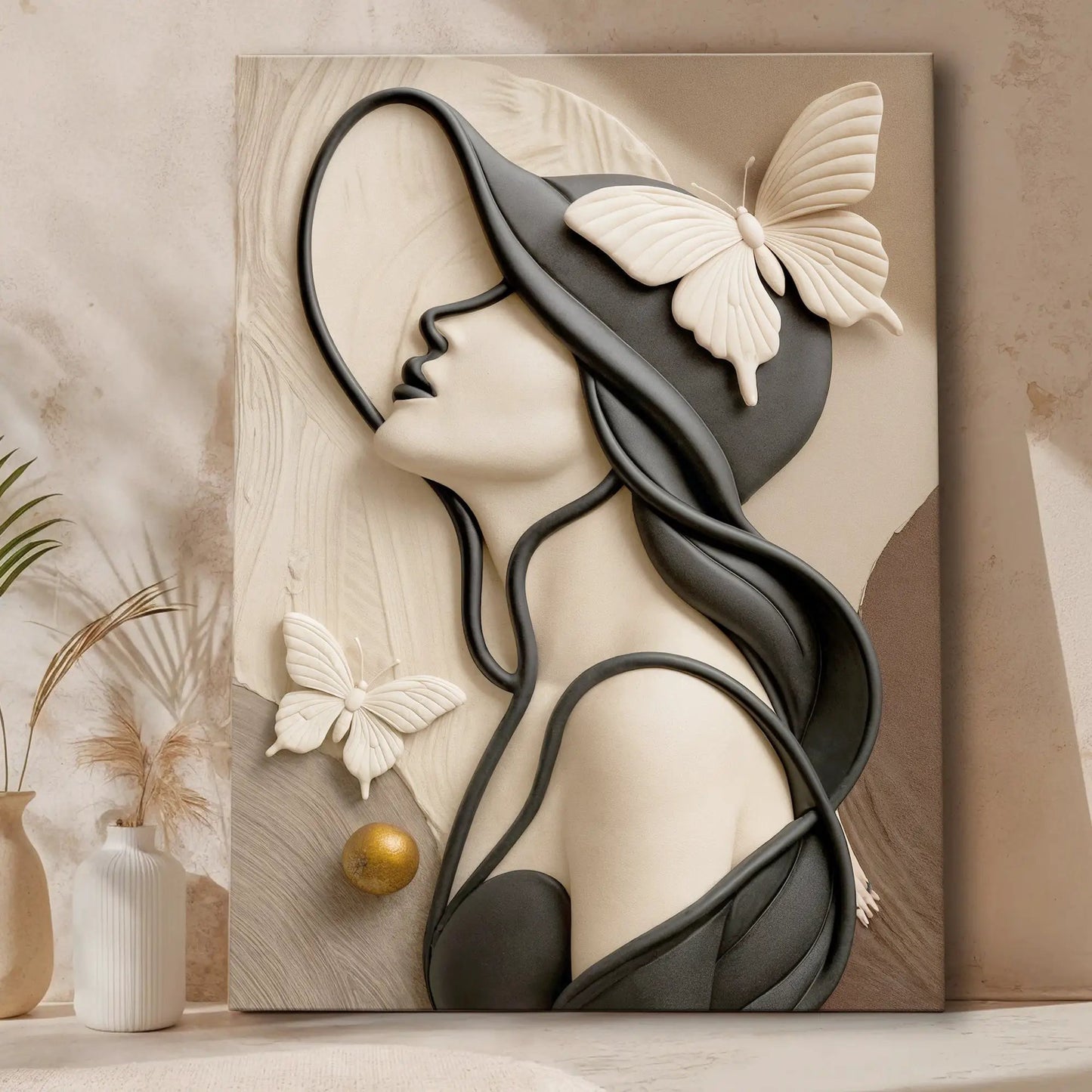Woman's Delicate Lines Canvas wall art with white butterfly on beige by Tailored Canvases on Tampa Home & Garden Store