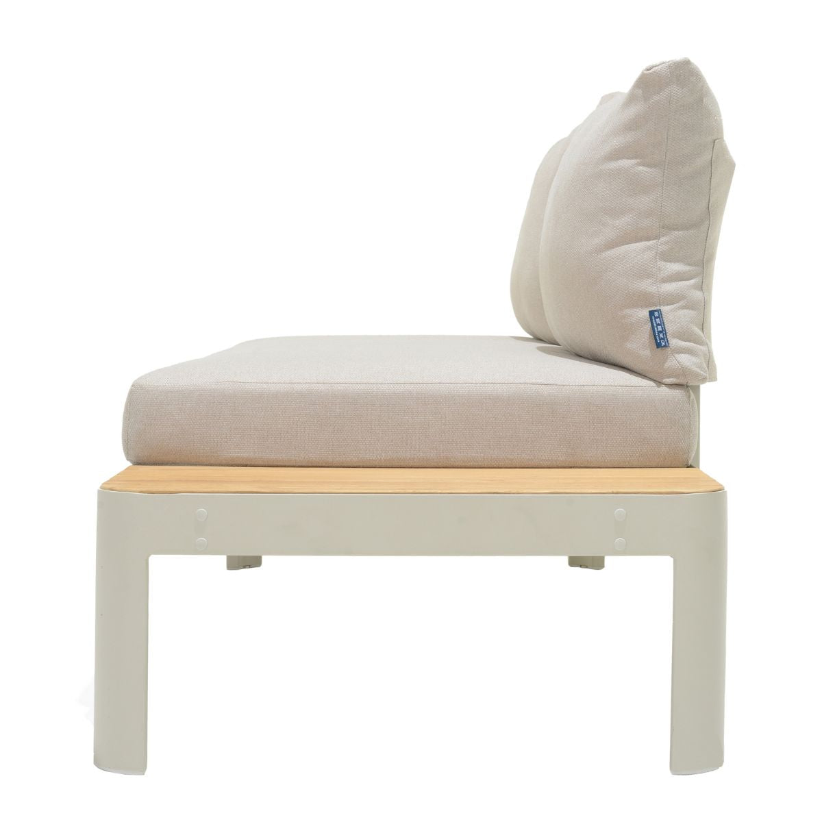 Portals Light C-Shape Set outdoor sofa beige cushions on white frame with wood top on Tampa Home & Garden Store