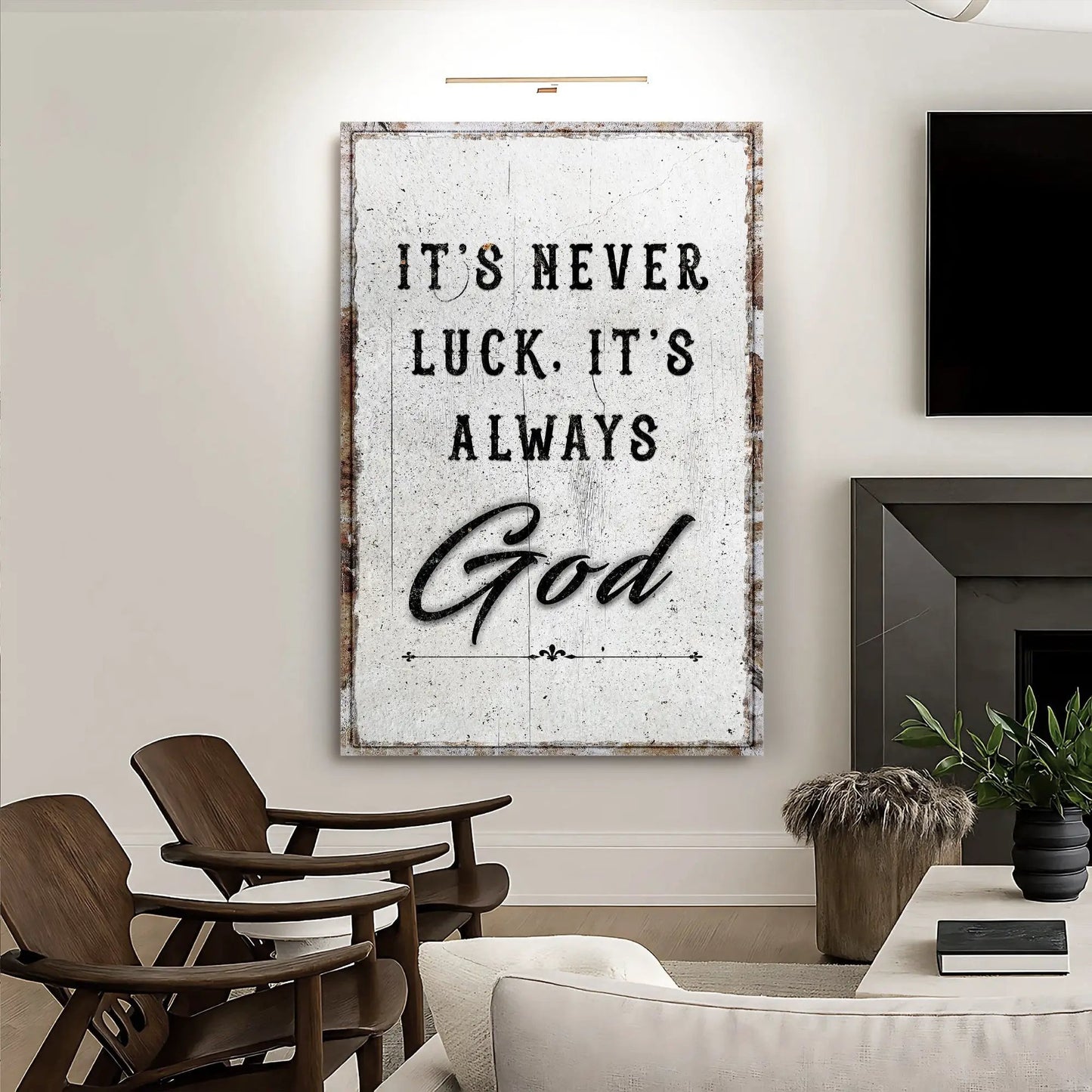 It's Never Luck, It's Always God canvas wall art by Tailored Canvases with a white frame on Tampa Home & Garden Store