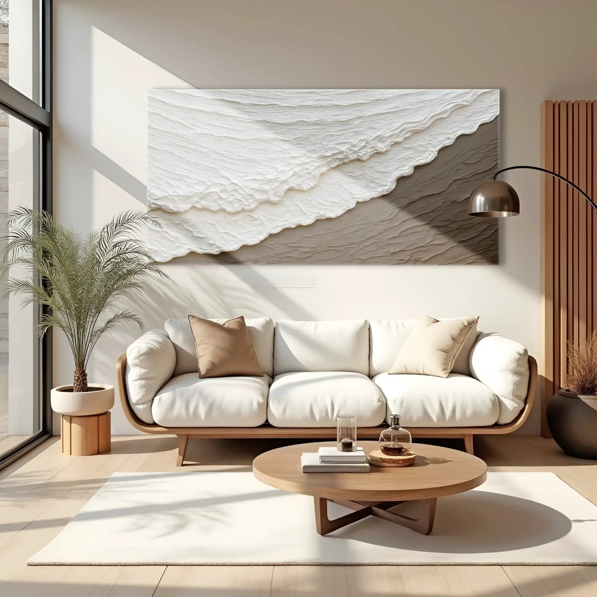 Waves Abstract Wall Art canvas with a textured white-to-gray wave pattern in a living room on Tampa Home & Garden Store
