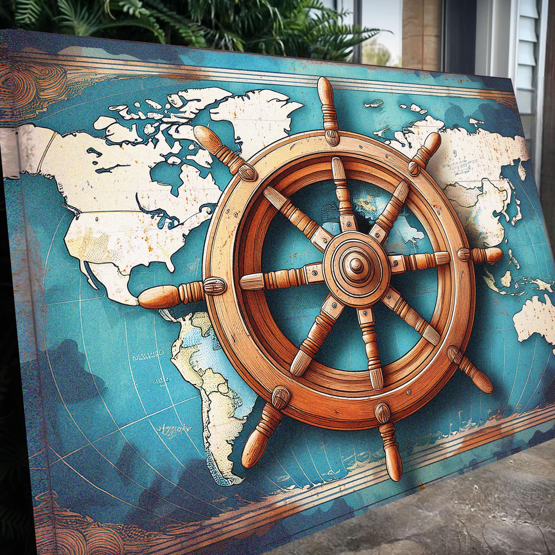 Canvas Sailboat Ship Wheel Coastal Wall Art with blue map background Tailored Canvases on Tampa Home & Garden Store