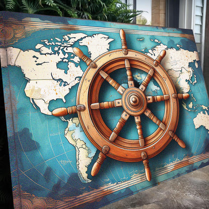 Canvas Sailboat Ship Wheel Coastal Wall Art with blue map background Tailored Canvases on Tampa Home & Garden Store