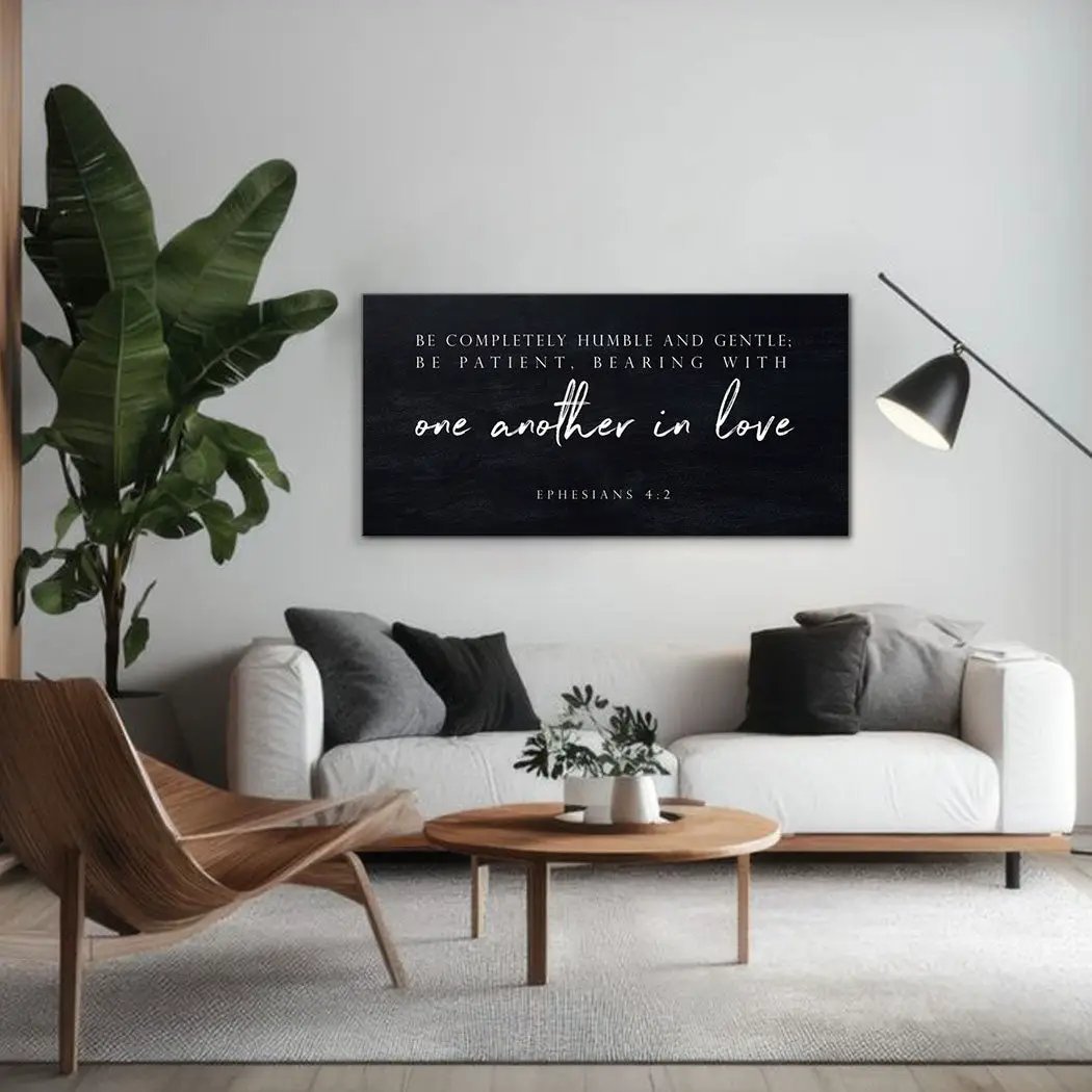 Be Humble And Gentle Eph 4:2 canvas sign black with white script on Tampa Home & Garden Store