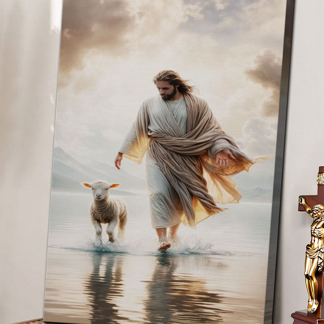 Jesus Protects The Lamb From Wolves Faith Wall Art XIII canvas beige robes, Tailored Canvases on Tampa Home & Garden Store