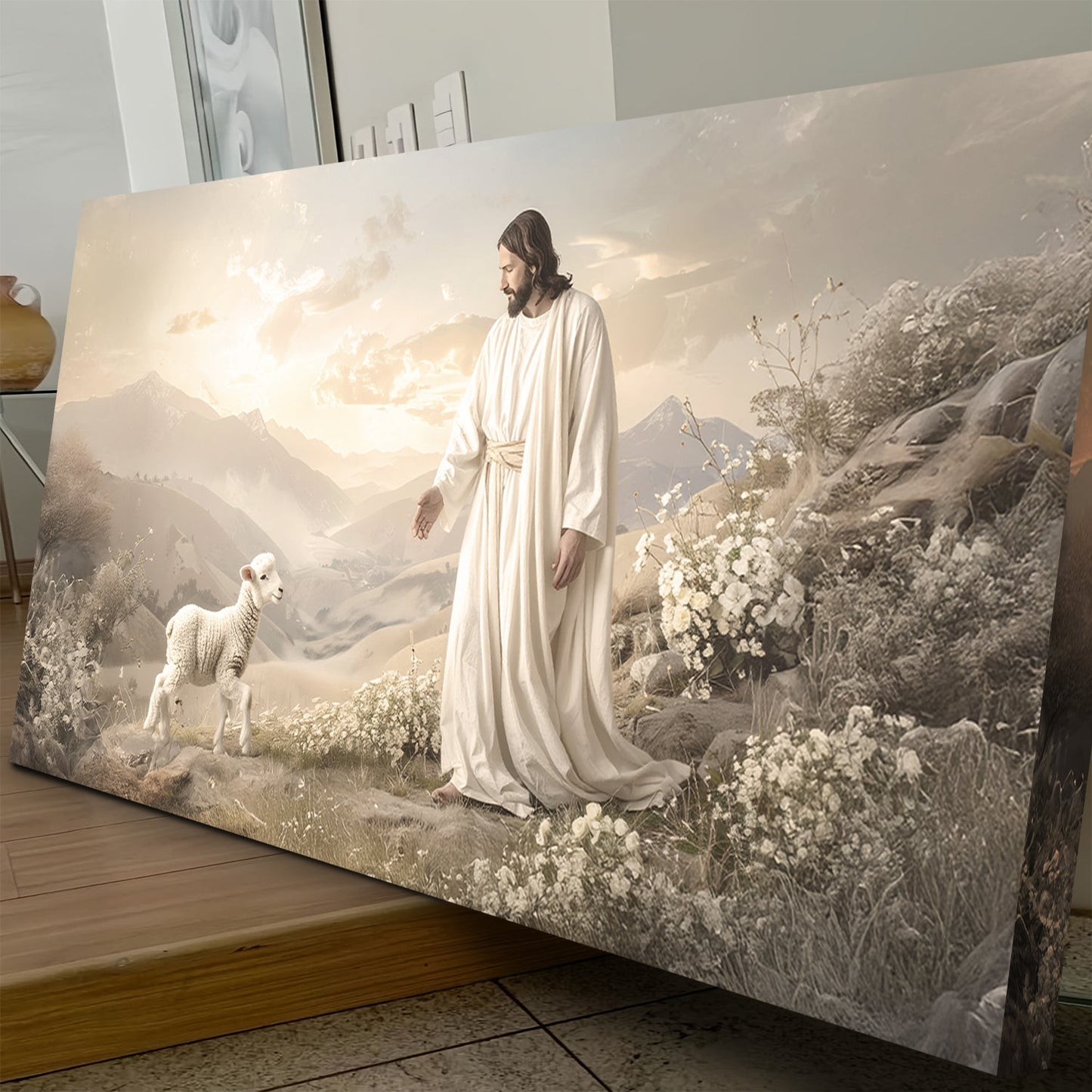 Canvas wall art Jesus protects the lamb from wolves in a cream alpine landscape with flowers on Tampa Home & Garden Store