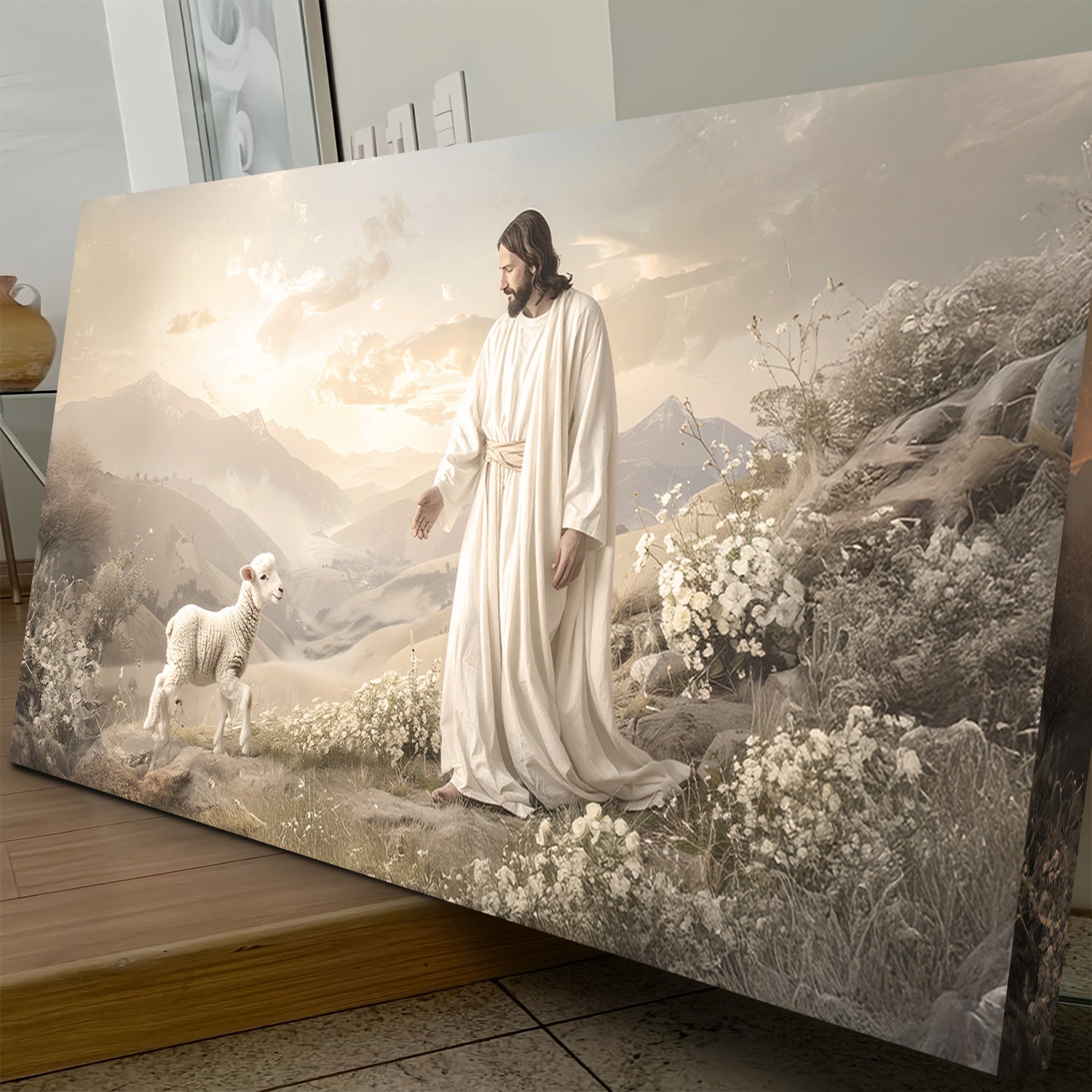 Canvas wall art Jesus protects the lamb from wolves in a cream alpine landscape with flowers on Tampa Home & Garden Store
