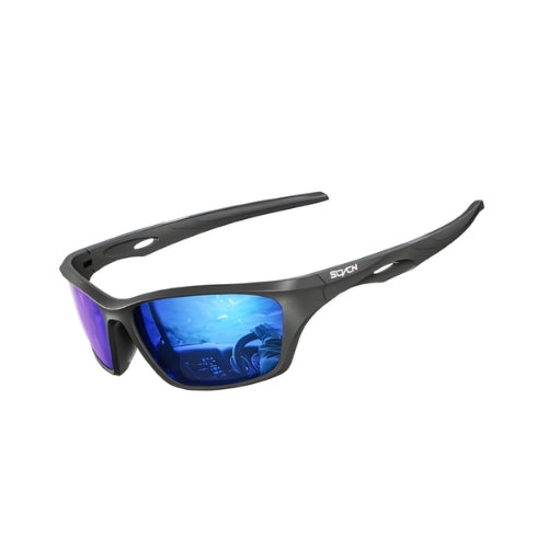Polarized impact-resistant glasses by BikerZoneZ, black frame with blue mirrored lenses on Tampa Home & Garden Store
