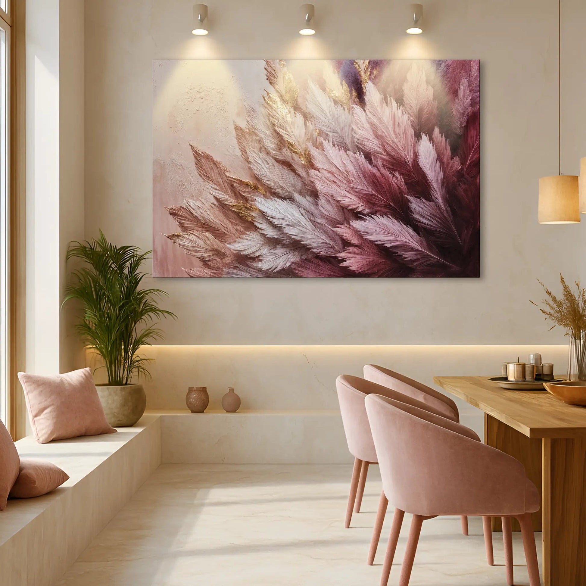 Feather Symphony Wall Art canvas in pink and gold accents on Tampa Home & Garden Store