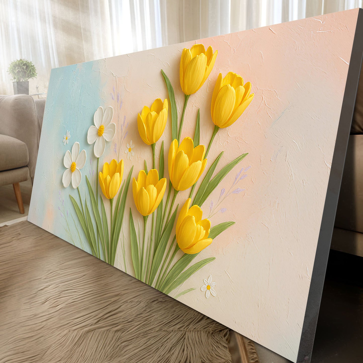 Floral Wall Art II by Tailored Canvases with yellow tulips and white daisies on pastel backdrop on Tampa Home & Garden Store