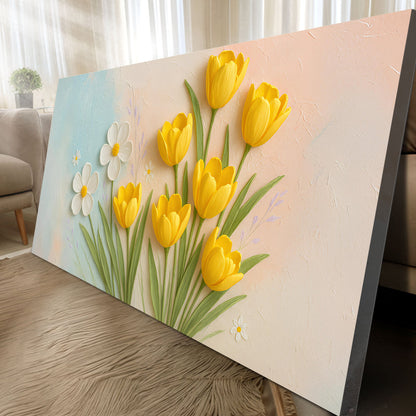 Floral Wall Art II by Tailored Canvases with yellow tulips and white daisies on pastel backdrop on Tampa Home & Garden Store