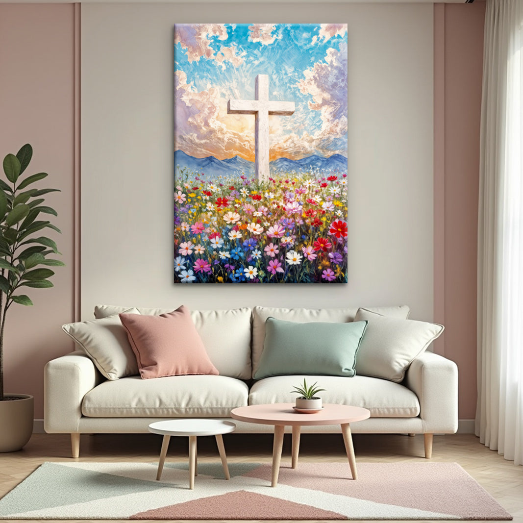 Cross Floral Field Faith Wall Art II canvas with white cross and flowers under blue sky on Tampa Home & Garden Store