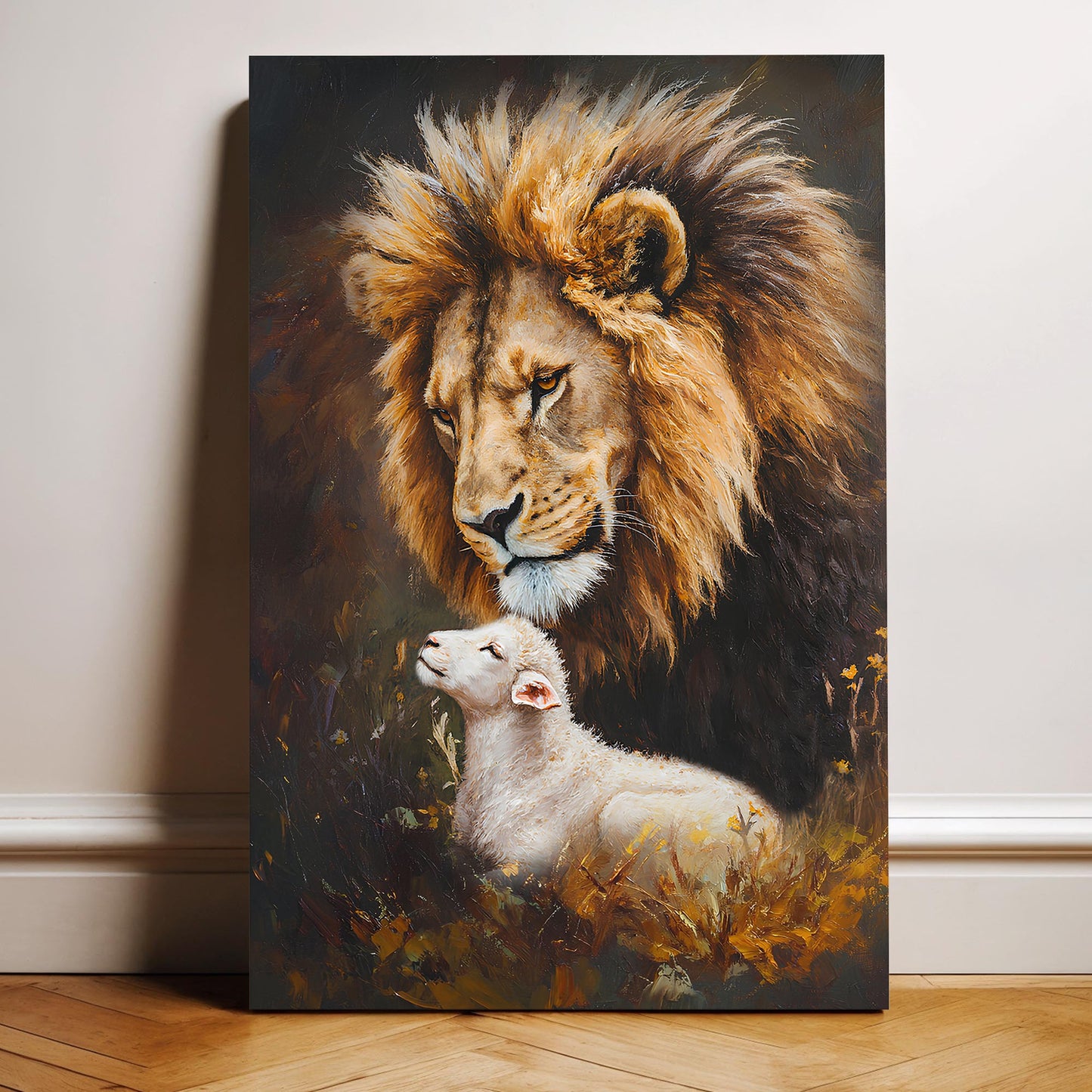 Lion And Sheep Faith canvas wall art lion and lamb in warm earthy tones Tailored Canvases on Tampa Home & Garden Store