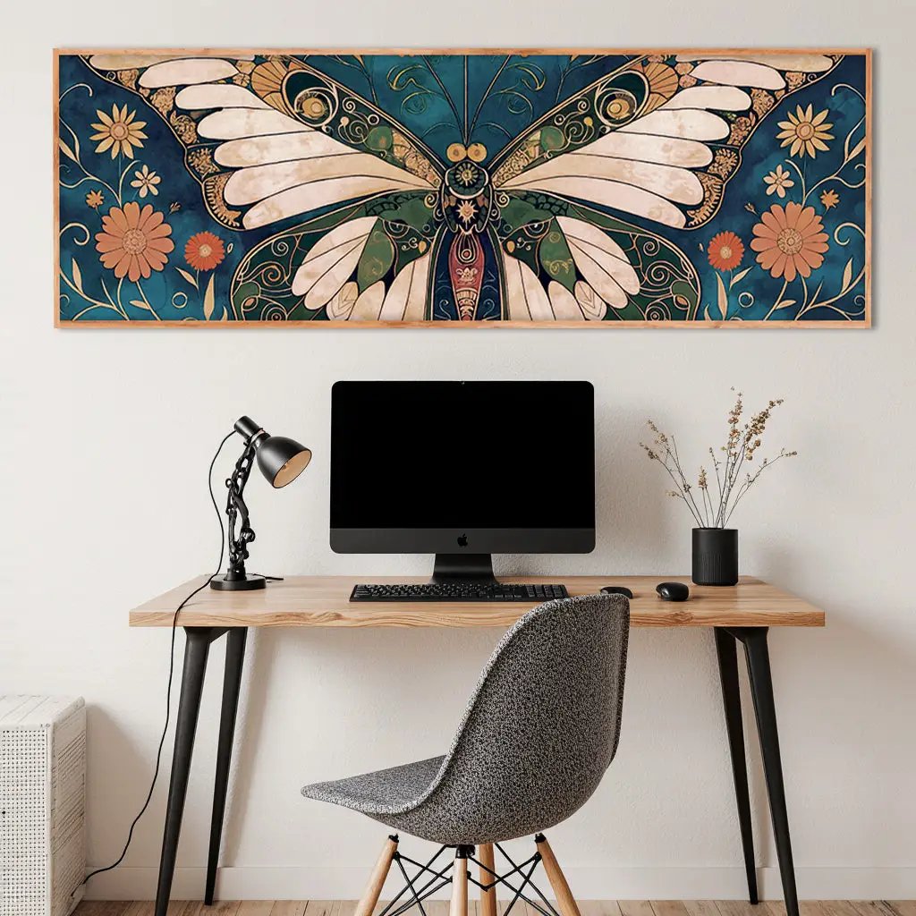 Abstract Vintage Butterfly Wall Art canvas by Tailored Canvases teal navy with peach florals on Tampa Home & Garden Store
