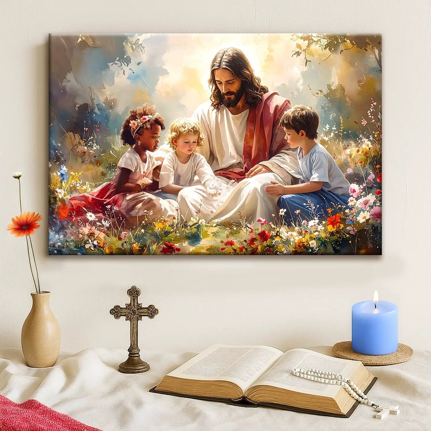 Jesus With Children Faith Wall Art VIII canvas Tailored Canvases, Jesus with kids among blooms on Tampa Home & Garden Store