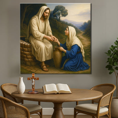 Samaritan at the Well Faith Wall Art canvas by Tailored Canvases, Jesus with a woman in beige and blue robes on Tampa Home & Garden Store