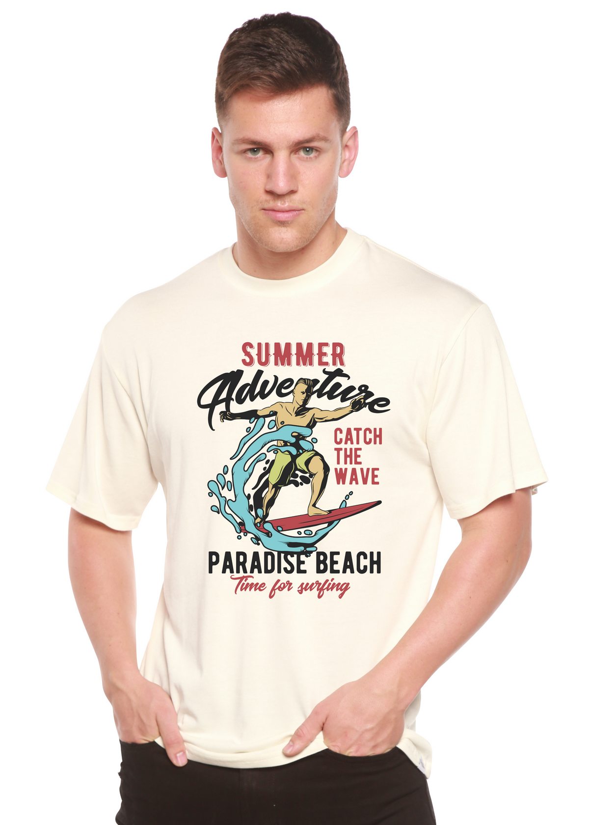 Catch The Wave men's Spun Bamboo graphic tee cream with surfer print on Tampa Home & Garden Store