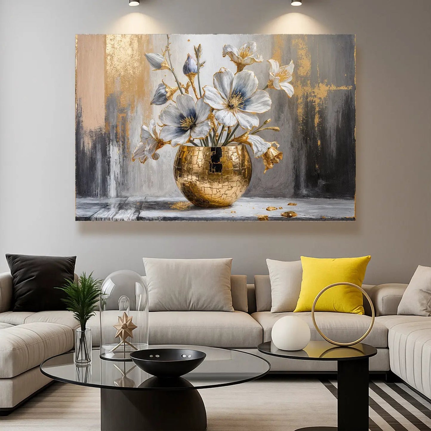 Magnolia Bloom in Gold Abstract Wall Art canvas by Tailored Canvases featuring a gold mosaic vase and white blooms on Tampa Home & Garden Store