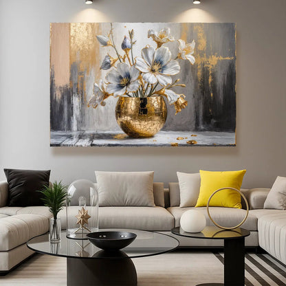 Magnolia Bloom in Gold Abstract Wall Art canvas by Tailored Canvases featuring a gold mosaic vase and white blooms on Tampa Home & Garden Store