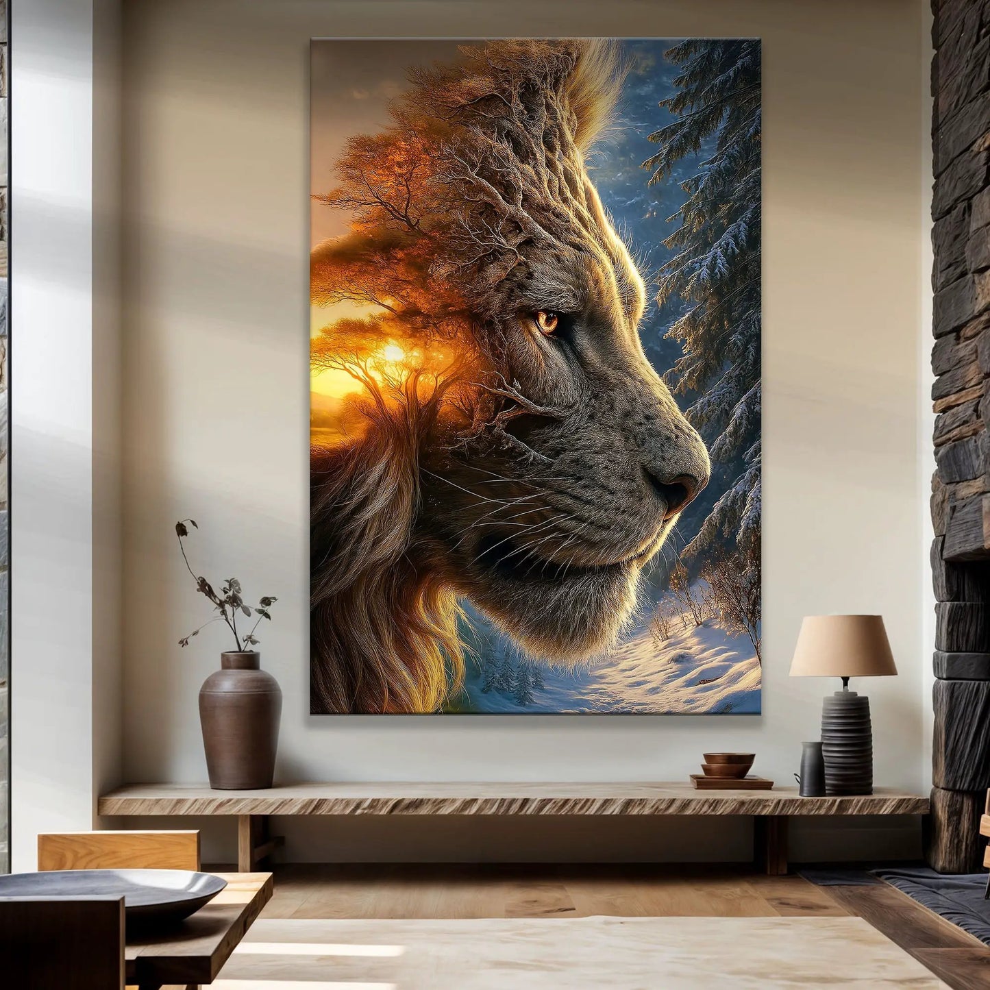Lion and Surreal Winter Summer Wall Art Canvas