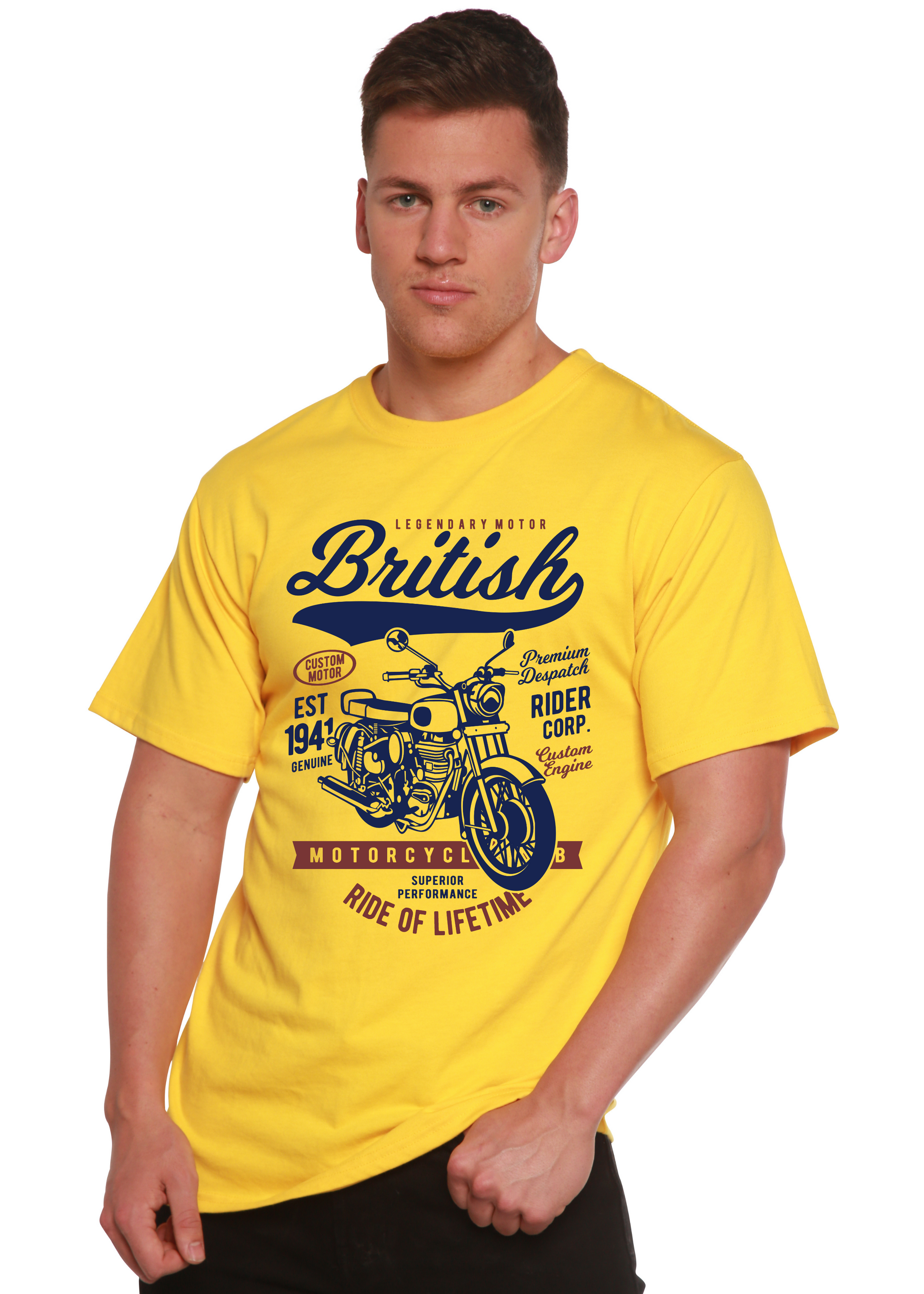 Men's yellow graphic T-shirt with vintage motorcycle print by Spun Bamboo on Tampa Home & Garden Store