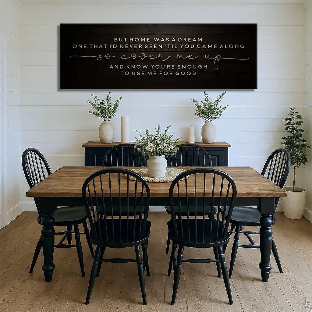 But Home Was a Dream Lyrics Wall Sign canvas with dark wood panel and white lettering by Tailored Canvases on Tampa Home & Garden Store