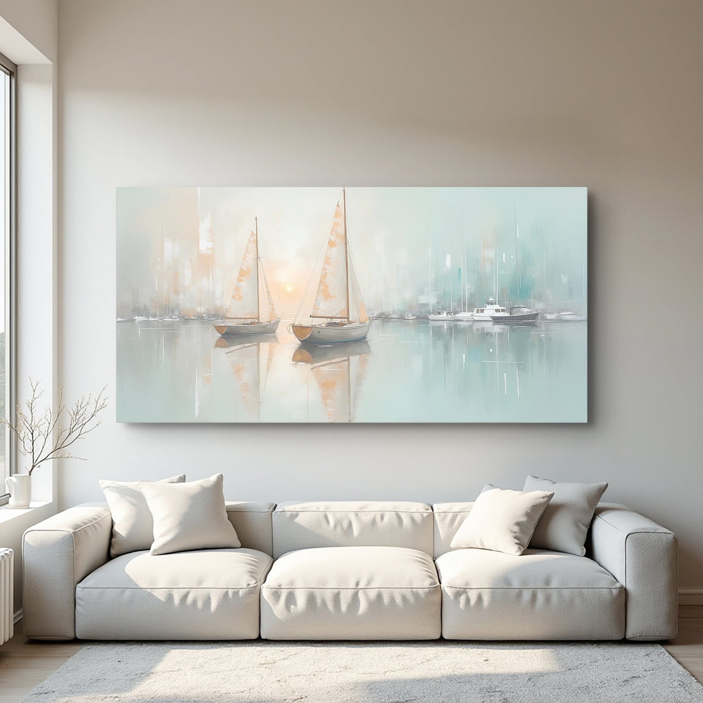 Canvas wall art Abstract Pier and Dock with pastel sailboats on a harbor scene in living room on Tampa Home & Garden Store