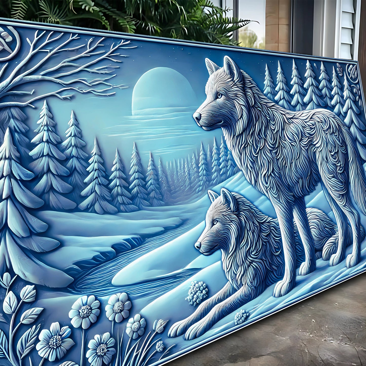 3D Wolves Wall Art VI canvas blue winter scene with wolves and snow covered pines on Tampa Home & Garden Store